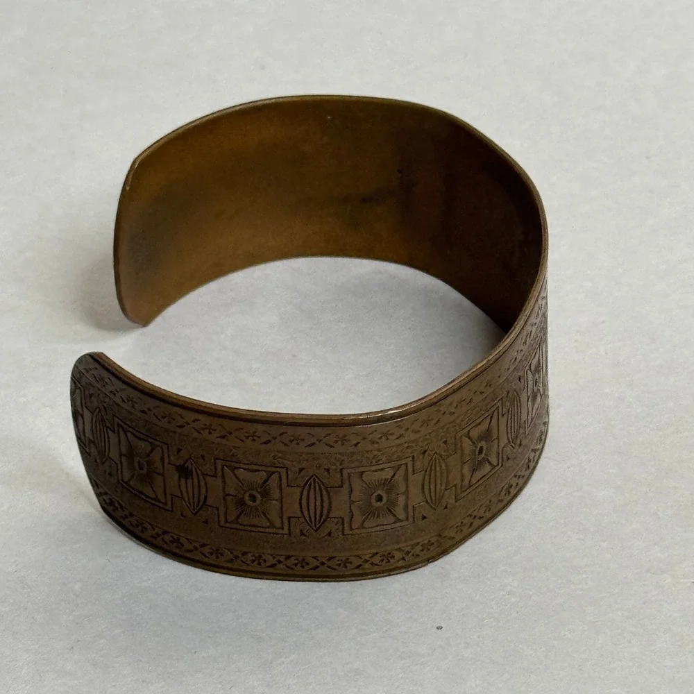 Vintage Copper Cuff Bracelet Etched Geometric Floral Boho Bangle